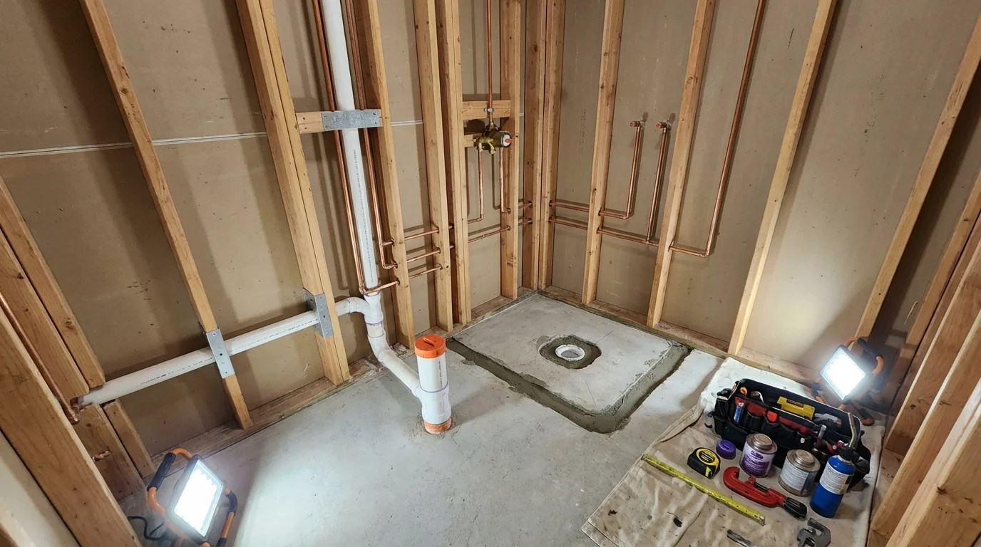 Bathroom rough-in plumbing during remodel by Johns Plumbing LLC in Whitefish