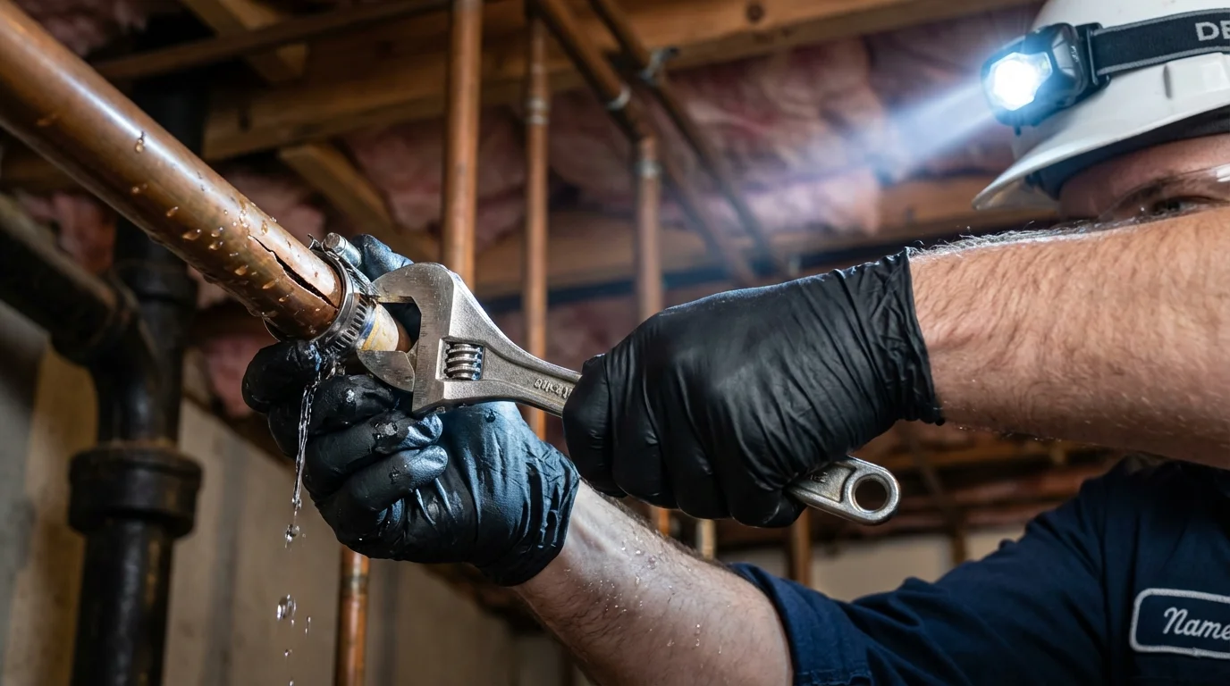 Emergency pipe clamp repair being performed by a Johns Plumbing LLC plumber in Whitefish