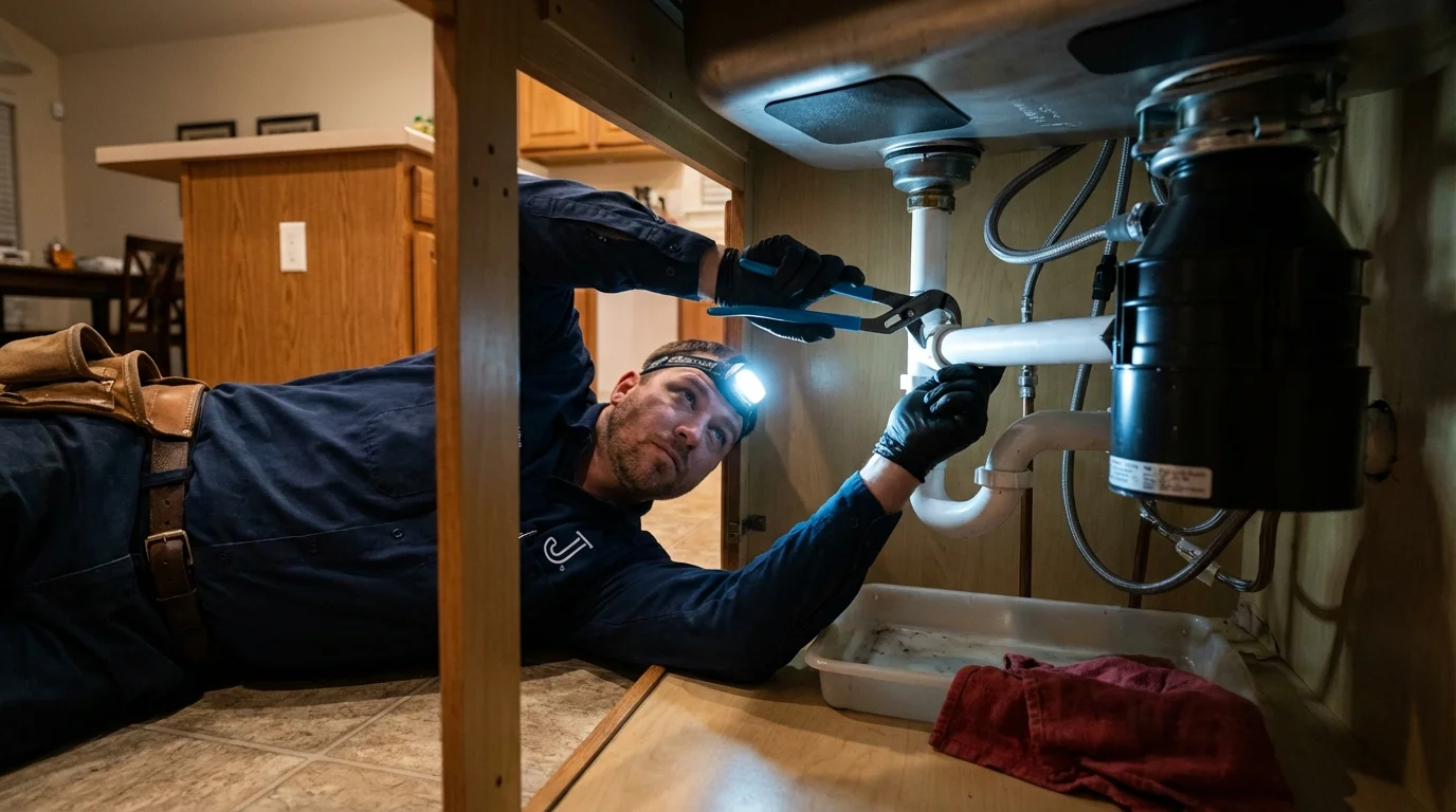 P-trap and supply line connections under a kitchen sink showing a common leak point in Whitefish, MT